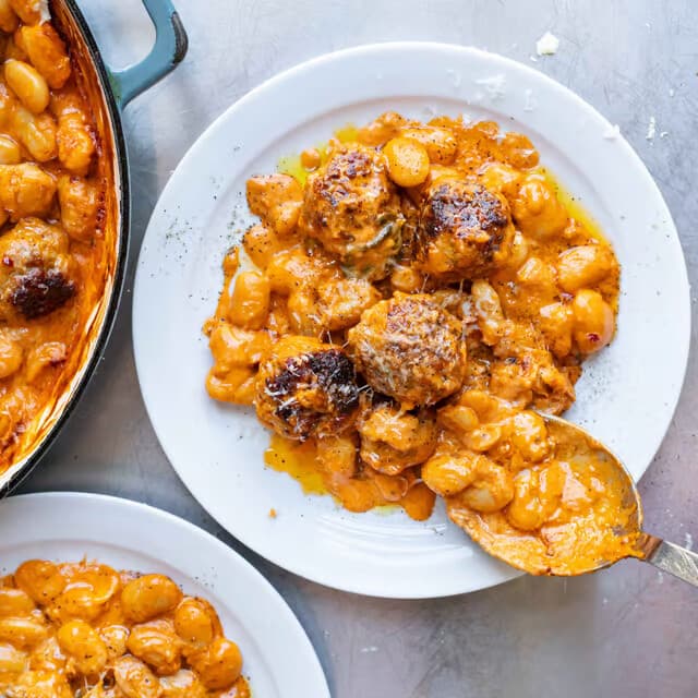 Pork Ricotta Fennel Seed Meatballs with Tomato Cream Butter Beans