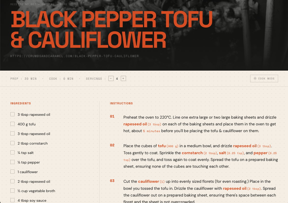Recipe page — Black Pepper Tofu