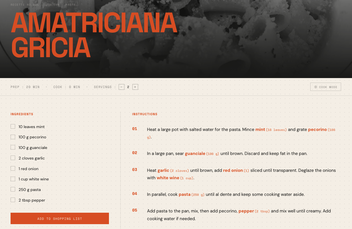Recipe page — Amatriciana